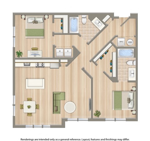 Floor plan for 2 beds, 2 baths, 1167 sqft